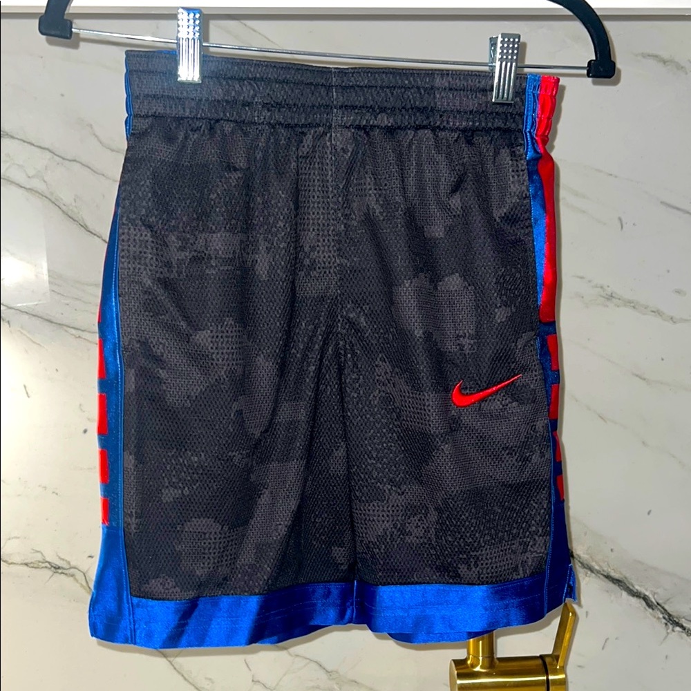 Nike Boys Black and Blue Athletic Shorts with Red Swoosh